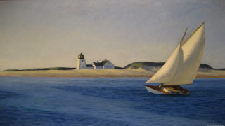 Sailboat ocean lighthouse house painting - hopper free wallpaper