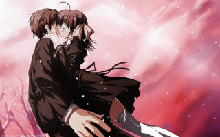 Man woman hugging snow trees - a man and a woman free wallpaper