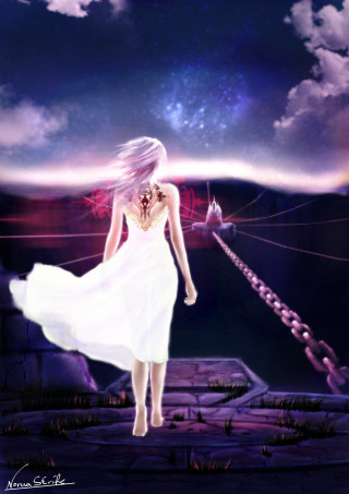 Woman white dress bridge sky - overhead free wallpaper