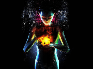 Woman glowing body fire ball - cyberpunk art free wallpaper