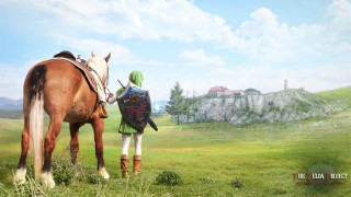 Woman horse walking field grass - a castle in the distance free wallpaper