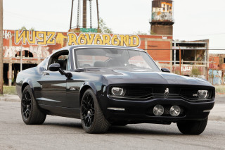 Black mustang parked building sign - matte finish free wallpaper