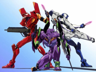 Three robots guns action poses - against a blue sky background free wallpaper