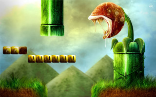 Monster jumping bamboo structure sky - 2 d game art free wallpaper