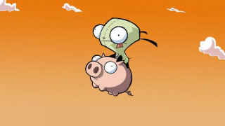 Cartoon pig riding another pig - pop surrealism free wallpaper