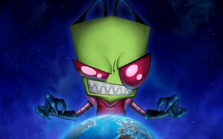 Cartoon green face red eyes - a blue planet free wallpaper