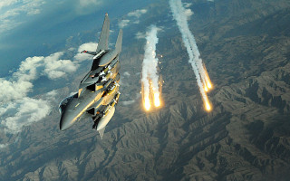 Jets flying smoke mountain clouds - two jet free wallpaper
