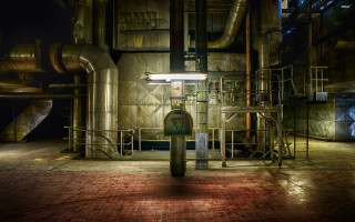Industrial building pipes clock nighttime 2 - the side of the building free wallpaper