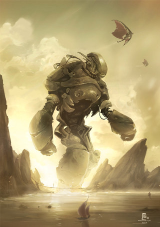 Man suit walking beach kite - mecha free wallpaper