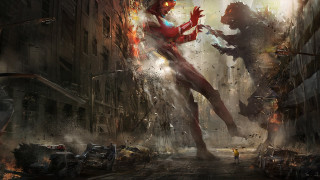 Woman red suit city street - a monster free wallpaper