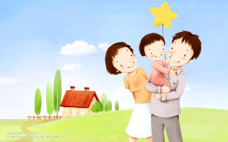 Family holding star balloon field - a house in the background free wallpaper