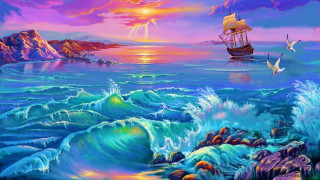Boat ocean bird flying water - over the water free wallpaper