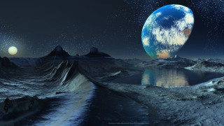 Planet lake mountains stars sky - a. hardy free wallpaper
