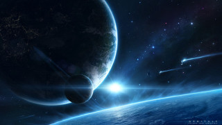 Space planet star horizon aurora - a planet and a star in the background free wallpaper