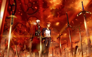 Anime characters red background clock - ufotable free wallpaper