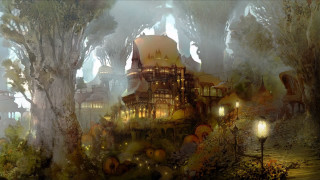 City trees lights fog painting - cedric peyravernay free wallpaper