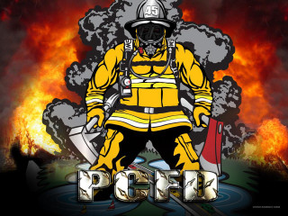 Firefighter standing front fire background - a fire free wallpaper