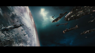 Floating ships near planet clouds - a group of ships free wallpaper