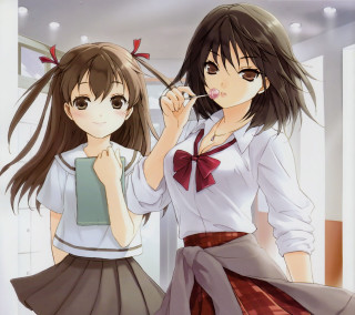 Girls school uniforms brushing teeth - detailed free wallpaper
