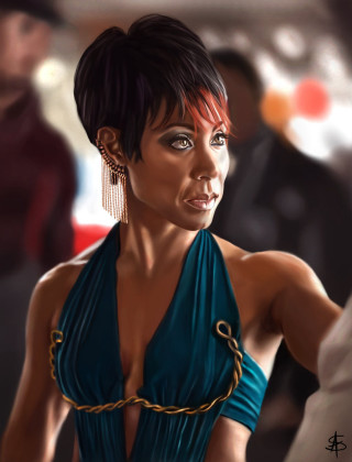 Woman blue dress gold chain - digital painting free wallpaper