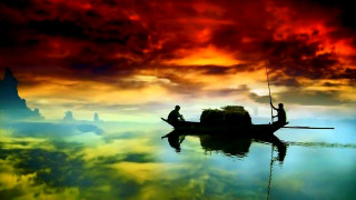 Man boat lake red sky - mystical free wallpaper