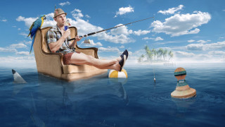 Man sitting fish mouth fishing - the water behind free wallpaper
