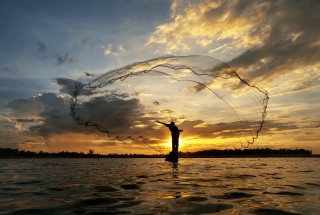 Man boat fishing net sunset - andrew law free wallpaper