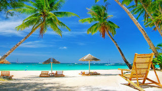 Beach chairs umbrellas blue sky - chair and umbrellas free wallpaper