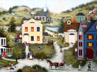 Village houses people walking horse - thomas kindkade free wallpaper