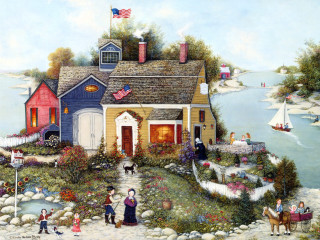 House flag people boat water - thomas kindkade free wallpaper