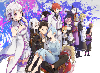 Anime characters chair purple background - splatter free wallpaper