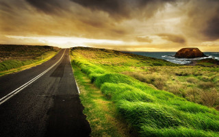Road hill water rock distance - beautiful landscape free wallpaper