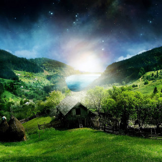 Cabin green field lake mountain - beautiful landscape free wallpaper