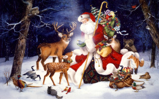 Santa claus deer birds snow - the snow free wallpaper