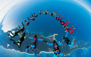 Floating people blue red suits - blue free wallpaper