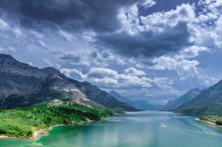 Boat water mountains clouds sky - near free wallpaper for desktop