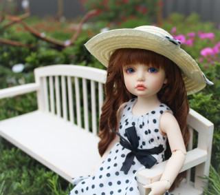 Doll girl bench garden hat - flower and grass free wallpaper