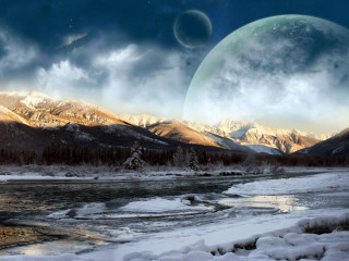 River snow mountains moon sky - the ground and mountains free wallpaper