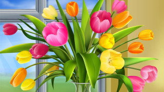 Vase colorful flowers window sill - a vase free wallpaper