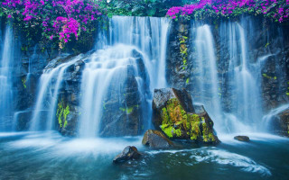 Waterfall purple flowers rock water 3 - impressionist free wallpaper