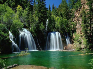 Waterfall green lake trees rope - the side of the waterfall free wallpaper