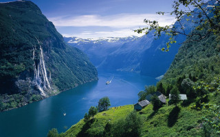 Boat waterfall mountains house landscape - beautiful scenery free wallpaper for desktop