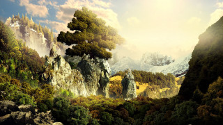 Mountain landscape trees sunbeam sky - tree and mountains free wallpaper