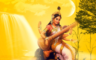 Woman playing sitar waterfall yellow - ella guru free wallpaper