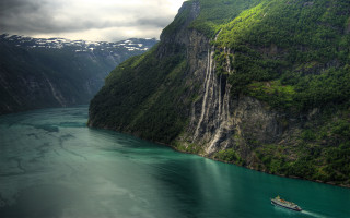 Boat water mountain cliff waterfall - beautiful scenery free wallpaper for desktop