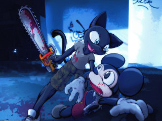 Cartoon character hugged by cat - a bloody face free wallpaper