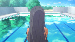 Woman standing swimming pool long - the water and a sky background free wallpaper