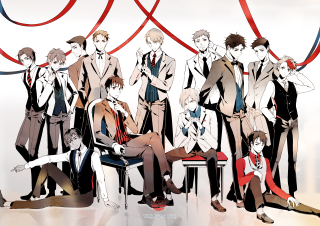 Group people sitting white wall - line free wallpaper
