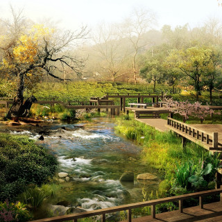River park benches trees bridge - choi buk free wallpaper