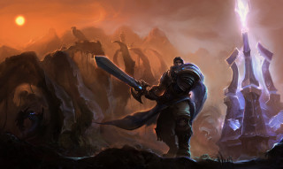 Fantasy man armor sword fire - orange sky free wallpaper